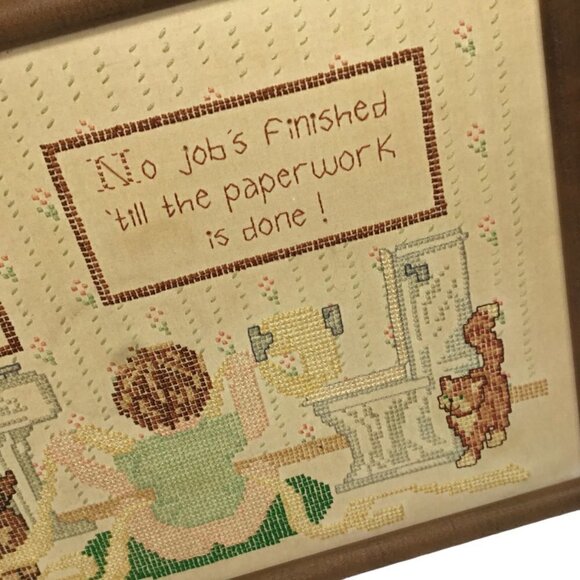 Vintage Finished Framed Cross Stitch No Job is Finished Paperwork Cat Sampler - Picture 5 of 11